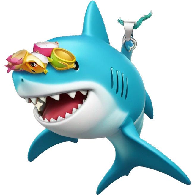 bright colorfu shark with a puka shell ecklace emoji