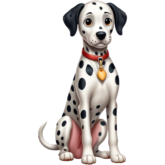 Cinematic Realistic full-body portrait of a Dalmatian dog, rendered with glossy, meticulously detailed spotted fur and expressive, alert eyes, set against a clean, neutral backdrop that highlights its regal and athletic stance. emoji