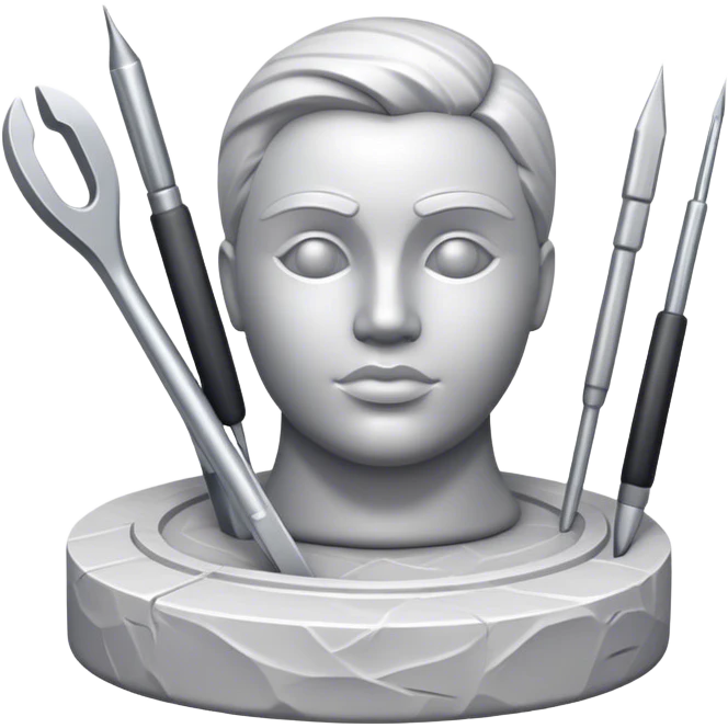 Icon for sculpting, with sculpting tools, sculpture in progress on a textured surface, minimalistic style, clean lines, transparent background. emoji