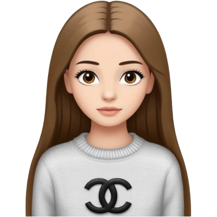 Une fille avec des faux cils, des yeux, marrons, des cheveux lisses un pull Chanel emoji