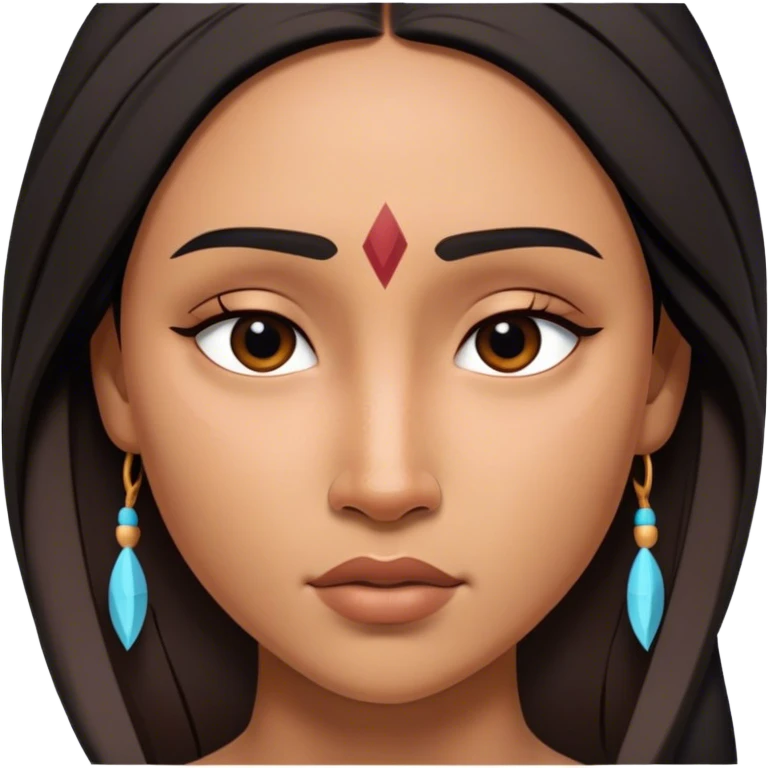 Cinematic Realistic Pocahontas Portrait, depicted with lifelike skin texture, soft natural lighting, and intricately detailed long, flowing raven-black hair that moves gracefully in the wind. Her deep, soulful dark brown eyes exude wisdom and strength, complemented by a serene yet powerful expression. She is shown gently holding a feather in one hand, her other hand resting lightly at her side, embodying the harmonious balance between nature and herself. She is dressed in her classic one-shoulder native American dress, with rich fabric textures and delicate beaded details that catch the light beautifully. The portrait features a soft, sun-kissed glow with a natural, radiant finish, capturing the essence of untamed beauty and deep connection to nature in a realistic and painterly style, evoking a sense of depth and authenticity. emoji