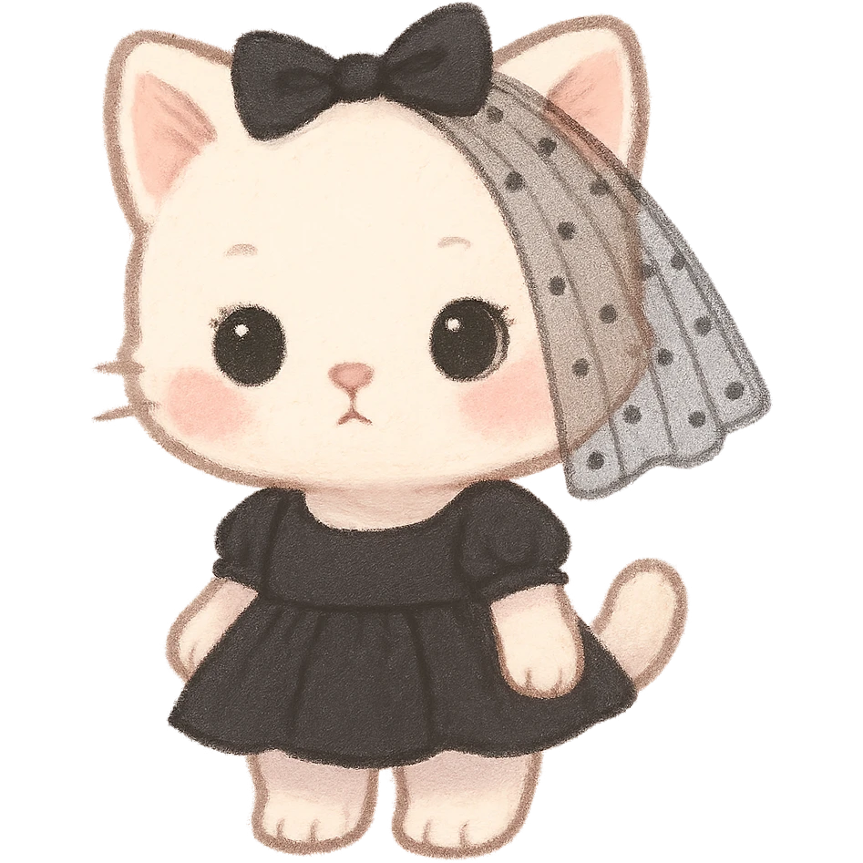 pastel toon style white baby cat wearing a black mini dress and black veil emoji
