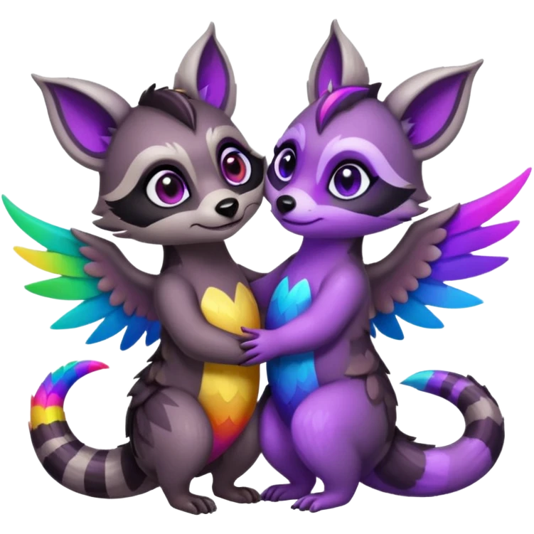 2 black female raccoon dragon hybrids with rainbow colored wings and purple eyes hugging emoji