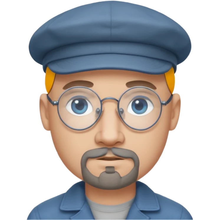 Bald Male flat cap wire rim glasses goatee blue eyes grey goatee emoji