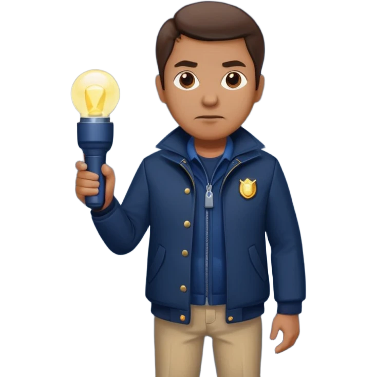 Security, Middle-aged, wearing navy blue jacket, serious facial expression, holding flashlight, full body emoji