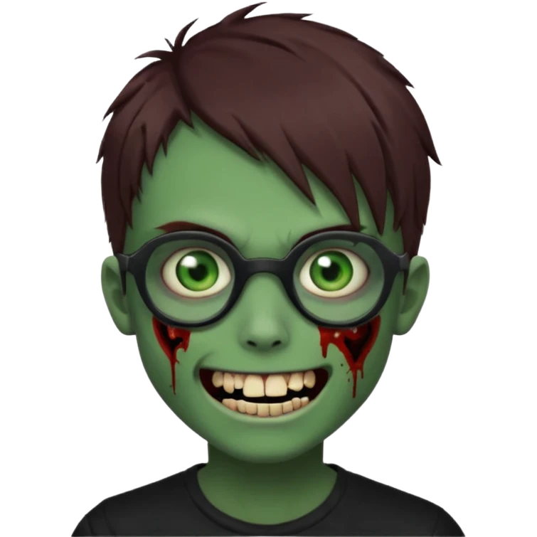 Zombie emo boy, green skin and brown hair and eyes, black glasses and a scary cut open smile, scars and blood under eyes emoji
