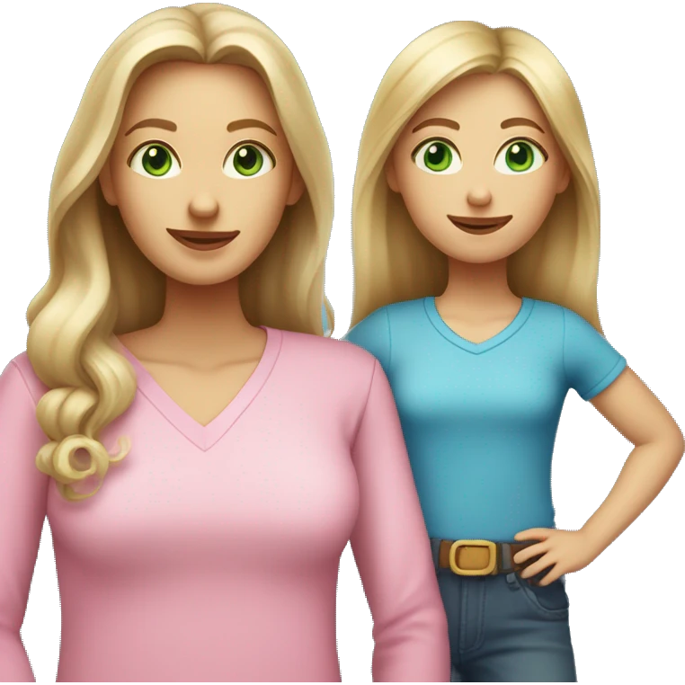 mother with long light brown and green eyes plus daughter with long dirty blonde hair and blue eyes, both with “pink shirts” emoji