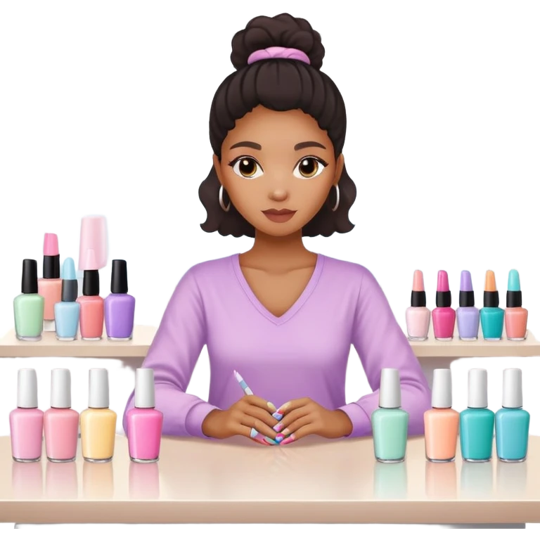 Light skin Black girl sitting at a  nail salon with 6 bottles of pastel nail polish on a table emoji