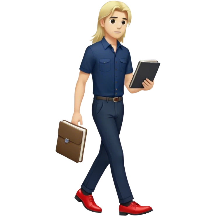 Guy with super long straight blonde hair wearing a short sleeve navy button up untucked black pants red shoes walking holding a notebook by his hip emoji