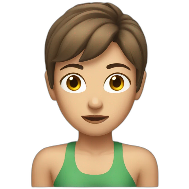 woman with muscles,short hair,tired eyes,brown hair, tight swimming trunks emoji