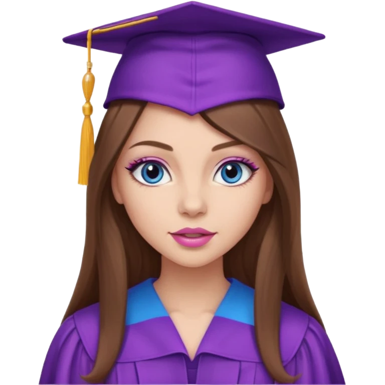 pretty girl with beautiful extremely long brown hair, blue eyes, long lashes makeup, sexy pink lips, wearing a purple and light pink graduation cap and gown emoji