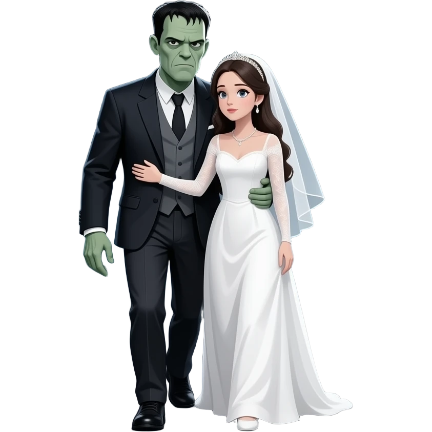 Frankenstein Monster hugs his bride while walking through a desolate night landscape emoji