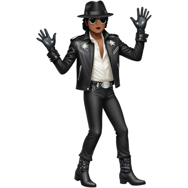 Icon for R&B Music: Michael Jackson on stage in full body, wearing his iconic concert costume—black leather jacket, sequined glove, fedora, and boots. He strikes a powerful pose, embodying the energy of R&B music. Transparent background. emoji