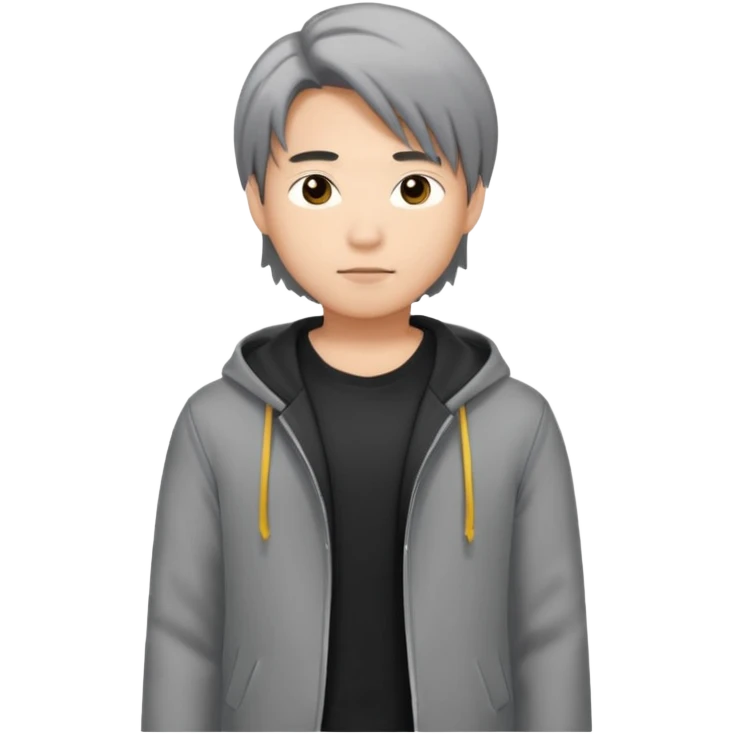 asian young man with long curtains style hair in grey jacket and black t-shirt emoji