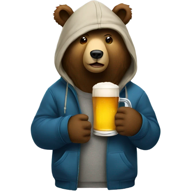 Bear wearing a hoodie and drinking a beer emoji