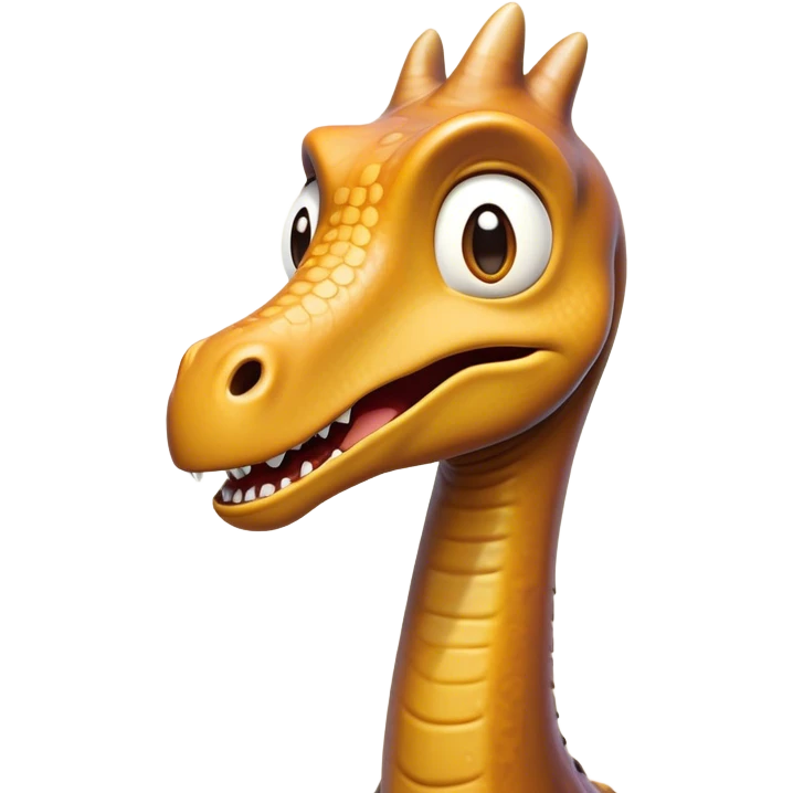 Cinematic Comical Brachiosaurus Portrait Emoji, Head tilted dramatically with an exaggeratedly surprised expression, featuring a tiny, animated head atop an impressively long neck, with wide, comically expressive eyes and a subtly quirky posture, Simplified yet humorously expressive features, highly detailed, glowing with a slightly sassy golden glow, high shine, dramatic yet playful, stylized with an air of cheeky prehistoric mischief, soft glowing outline, capturing the essence of a meme-worthy Brachiosaurus that looks ready to playfully leap its way into viral fame! emoji
