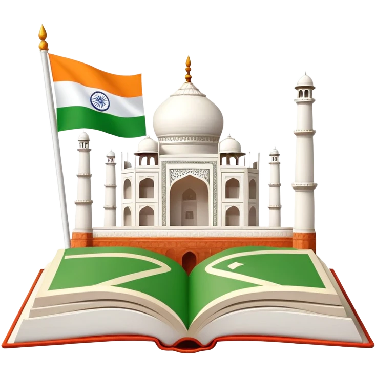 An icon featuring the Taj Mahal and the flag of India, symbolizing the Hindi language. The design includes an open book with hindi text, representing language learning and cultural richness. Transparent background highlights the heritage of India. emoji