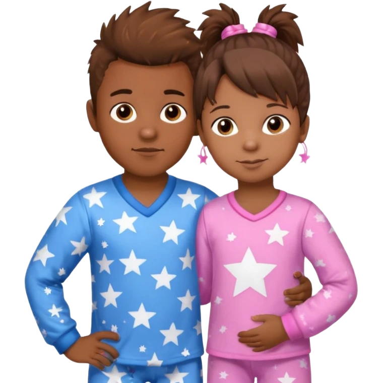 4 year old brown spikey haired boy with blue pajamas with stars on them and a 1 year old brown haired pony tail girl with pink pajamas, and stars on them emoji