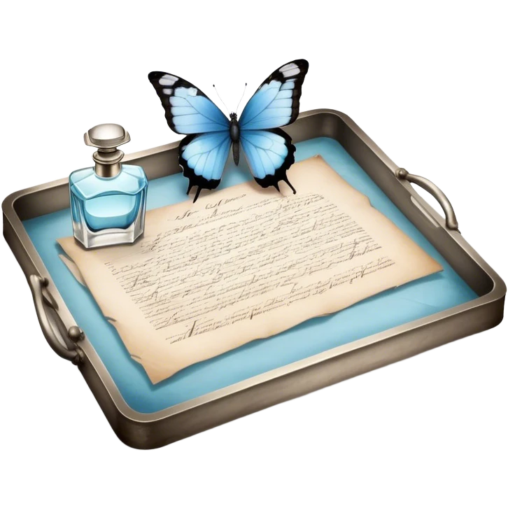 A nostalgic evening scene where an open love letter, with elegantly fading ink, lies next to a silver tray holding a vintage perfume bottle. A single pale blue butterfly lands gently on the aged parchment, as the soft scent of jasmine and peonies fills the air. emoji