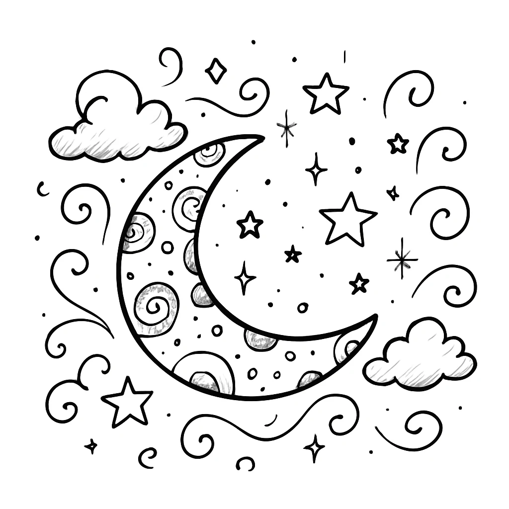 Add more decorative elements around the hand drawn doodle moon, such as clouds, sparkles, and whimsical lines, keeping the hand drawn doodle style. Maintain the whimsical and sketchy look typical of hand drawn doodles. emoji