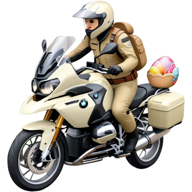 BMW RT1200 LC touring motorcycle with rider on open road in a forest with easter eggs emoji