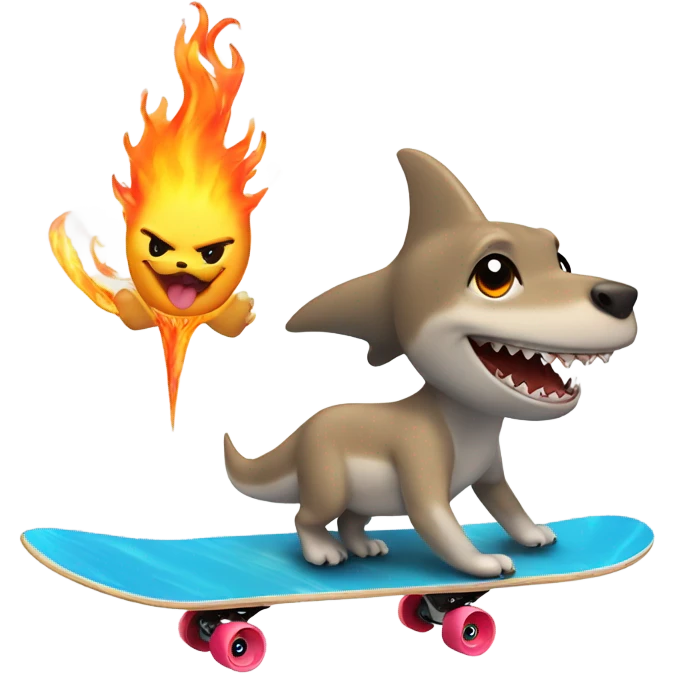 Shark skateboarding with a flaming wand in hand and a puppy in the other emoji