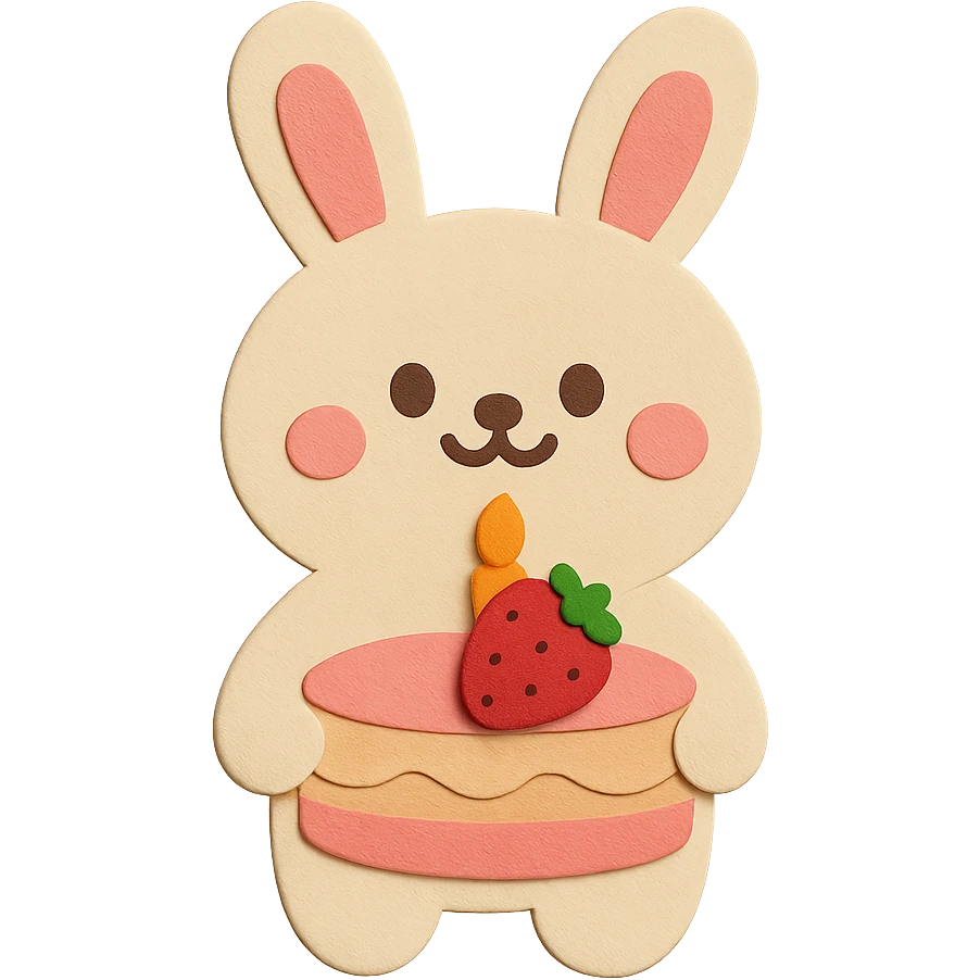 Make the strawberry on the cake look great and place it in the correct position on top of the cake, keep the bunny happy with a big cute smile and the cake with one candle emoji