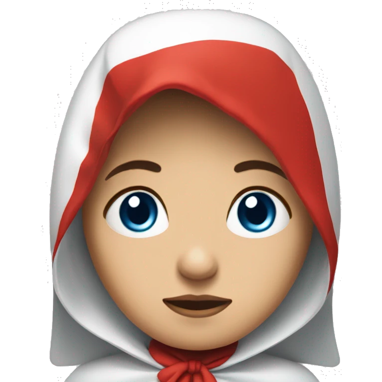 Sad woman with blue eyes wearing a red cape & a White bonnet with wings emoji