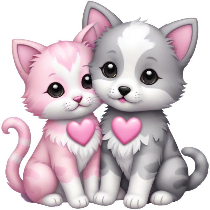 puppy and kitten with pink hearts emoji