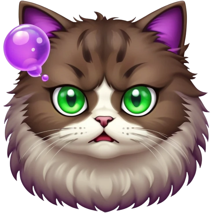 an angry dark-brown fluffy cute anime cat with Green eyes and with a purple emote bubble emoji
