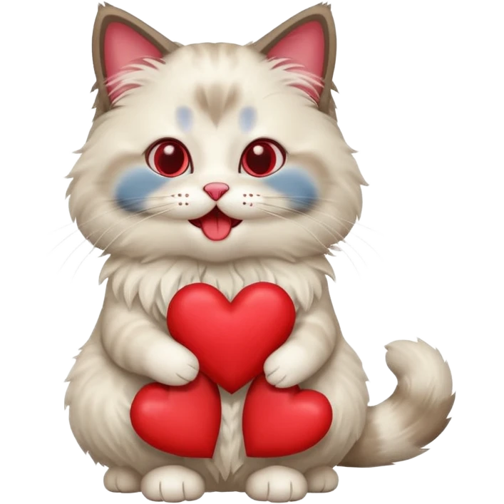 Full body ragdoll Cat holding a heart and mouth open emoji
