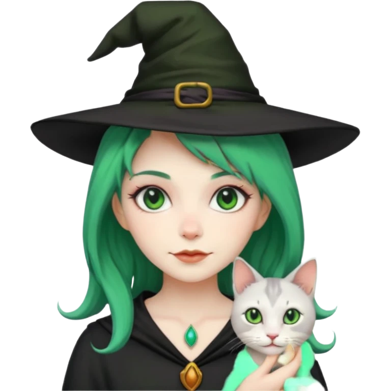 Witch with cat companion, green haired emoji