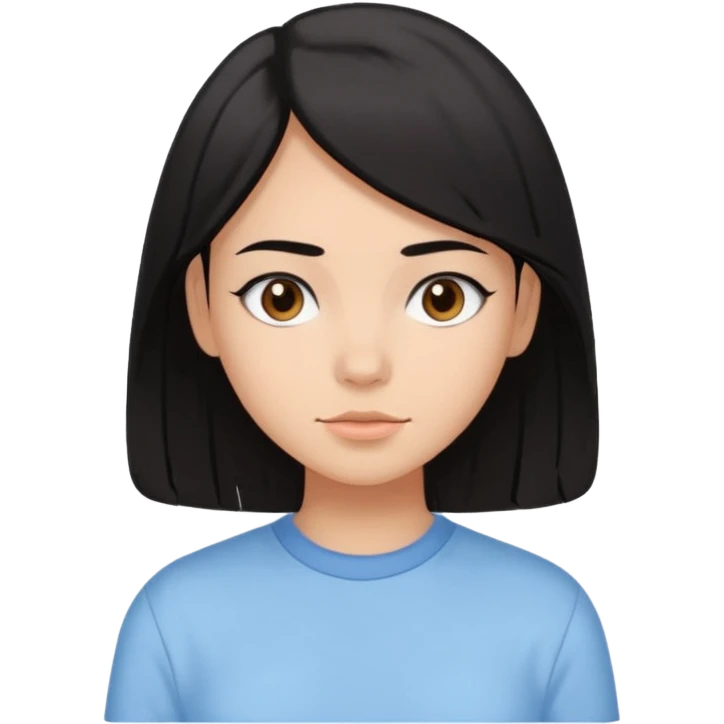 Emoji of a girl with black-brown long bob hair, fair tan skin, brown eyes, soft black eyebrows, pastel blue shirt, clean girl aesthetic, white background  emoji