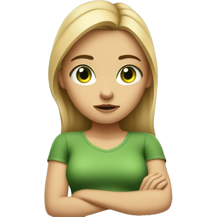 girl woth dirty blonde hair and green eyes, crossing arms and looking annoyed emoji