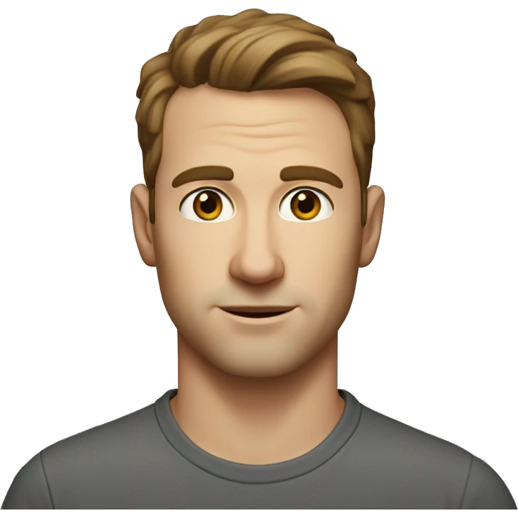 A head and shoulders shot of a 32 year old white man, with short brown hair,   with brown eyes wearing a t-shirt. emoji