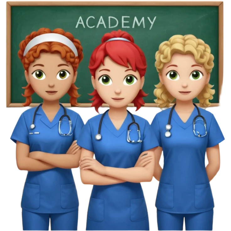 3 nurses: nurse 1 is wearing green work clothes, curly hair, middle european. nurse 2 is wearing blue work clothes, blond straight hair, scandinavic, nurse 3 is wearing white work clothes, red hair put into a bun, slavic. they all stand in a classroom, "Academy" written in white on board emoji
