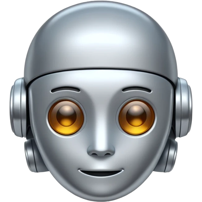 A cute futuristic robot emoji made of silver chrome, rounded friendly body, minimal facial features, glossy metallic surface, soft reflections, iOS emoji style, centered, clean white background emoji