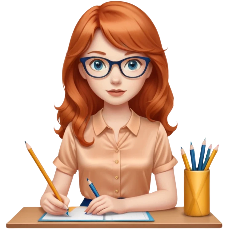 redheaded woman with very long wavy hair and bangs, blue eyes, clear cat-eye glasses, apricot silk blouse, pencil skirt, holding a pencil emoji