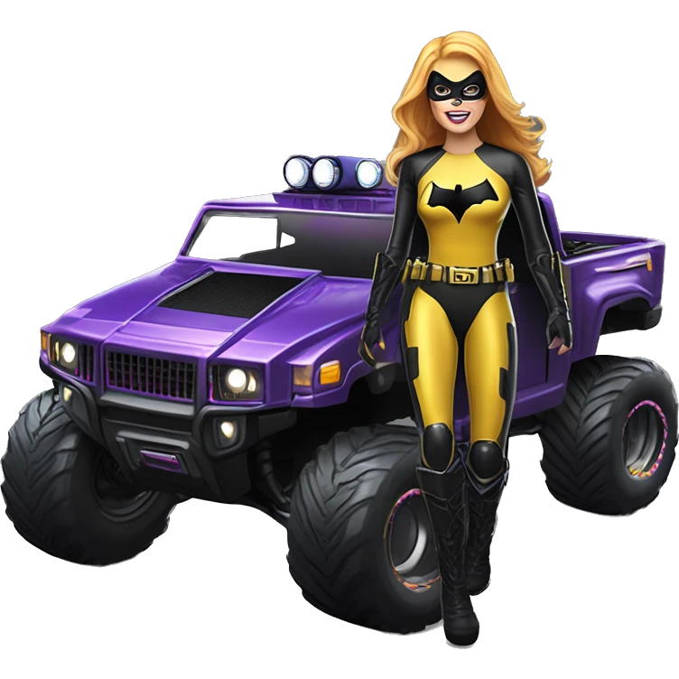 Light skinned Batgirl in shiny leather, Hummer EV radio controlled monster truck  emoji