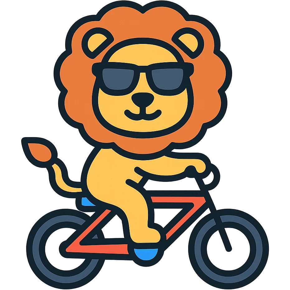 lion wearing sunglasses riding a bicycle, colored icon emoji