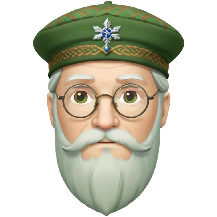 Dumbledore wear green scotland Tam o'shanter cap with decorative patterns, wear glasses, very long beard emoji