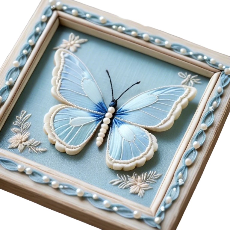 An antique ivory ribbon, embroidered with delicate silver filigree, twists gracefully over a weathered wooden table. A pale blue butterfly, its wings kissed with hints of opalescent shimmer, lands softly on the knotted bow. Around it, tiny pearl beads are scattered like dewdrops, catching the soft glow of candlelight. emoji