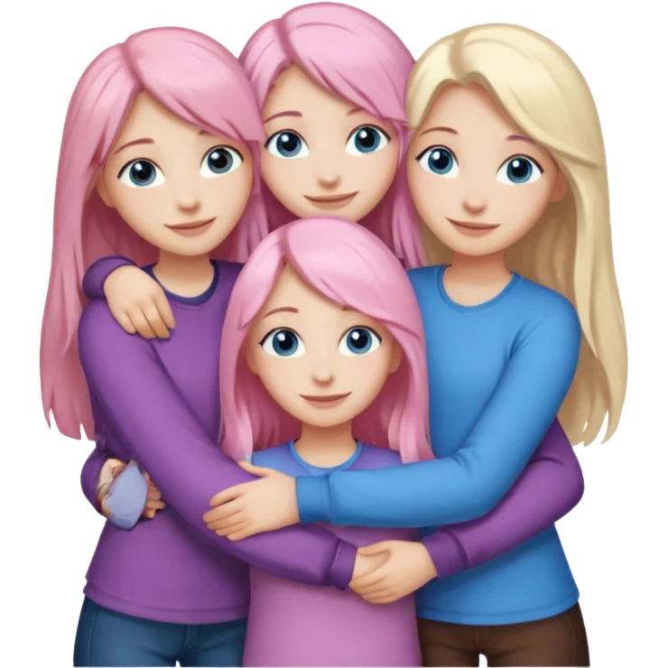 Girlfriend emoji - four white grips hugging and smiling    One girl with long light pink hair and blue eyes, one girl with blue eyes and light blonde hair, and 2 girls with brown eyes and long dark brown hair. emoji