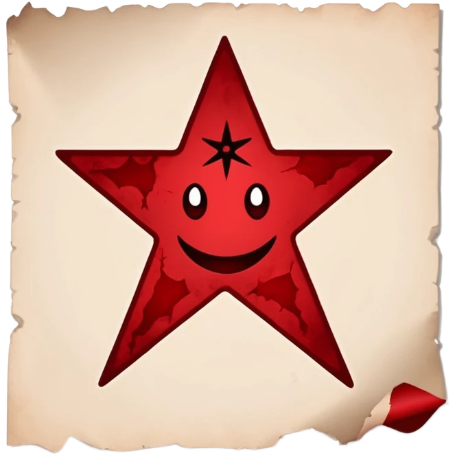 Minimalist emoji-style sticker of a blank torn contract with a pentagram stamp and drop of muted red ink. Gothic feel, flat design.
 emoji