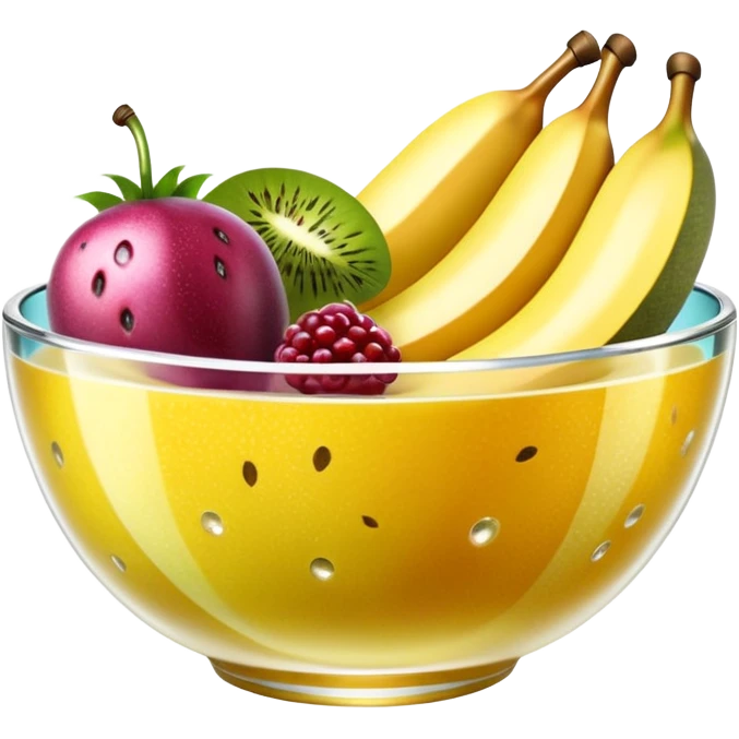 render, isolated stillnlife  ultra realistic hyper-detailed, translucent pale yellow, sparkling bowl of colorful, bold, bright, ultra detailed types of tropical fruit hyperrealism,  masterpiece  emoji