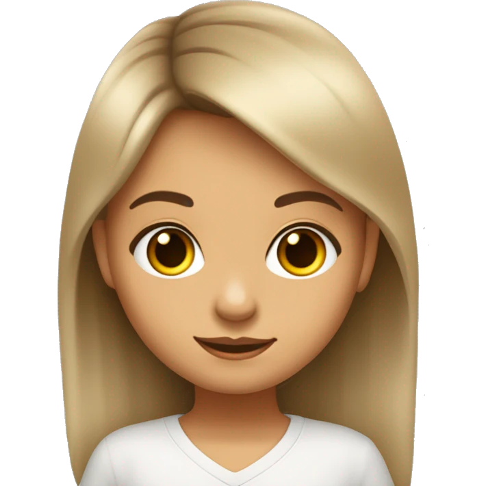 niña morena con el pelo castaño media melena liso alegre y ojos pequeños emoji