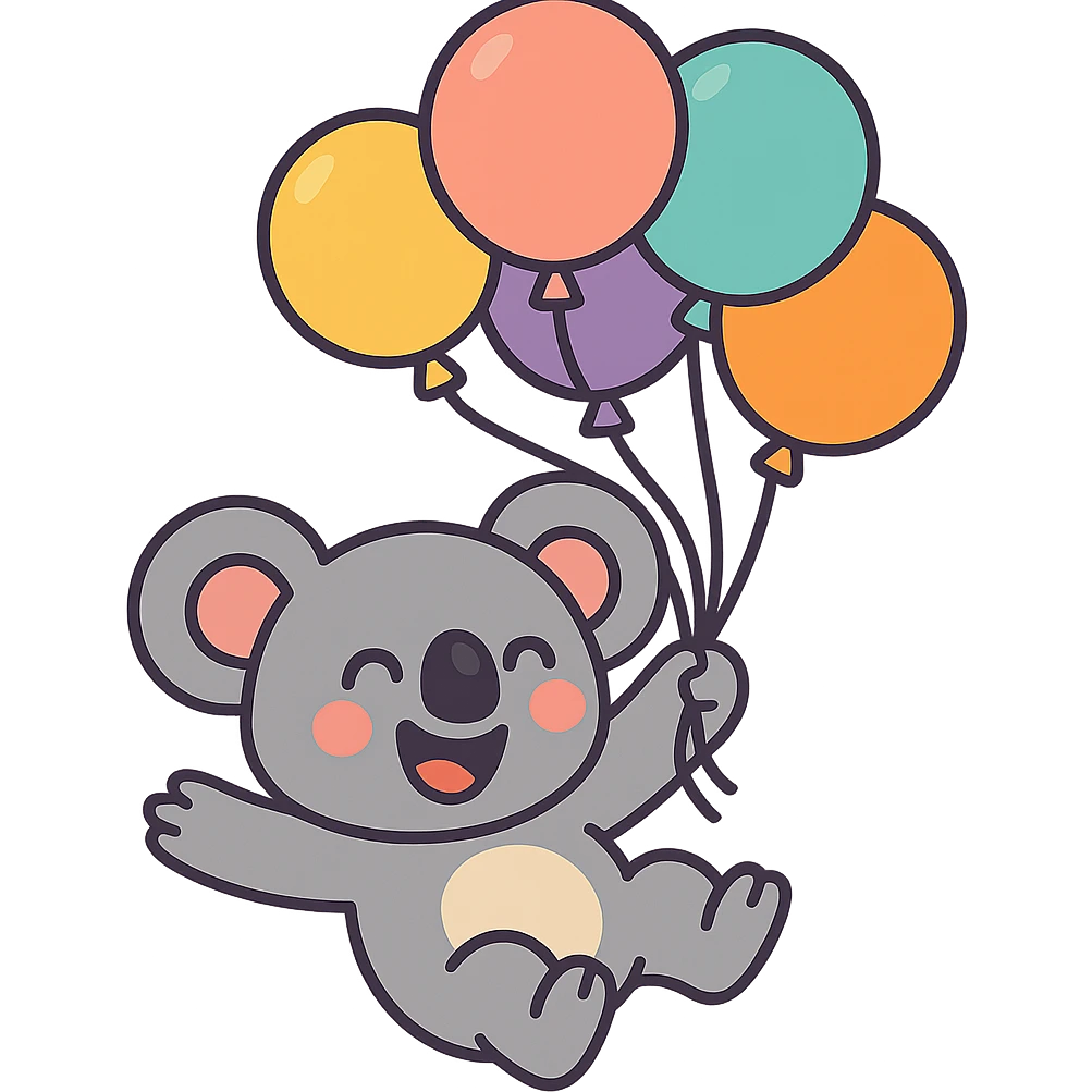 koala floating with pastel balloons, happy face, vibrant toon style emoji