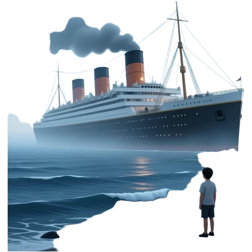 The ghostly ship The Queen Mary floats above the sea while a boy on the shore watches the scene - cut scene emoji