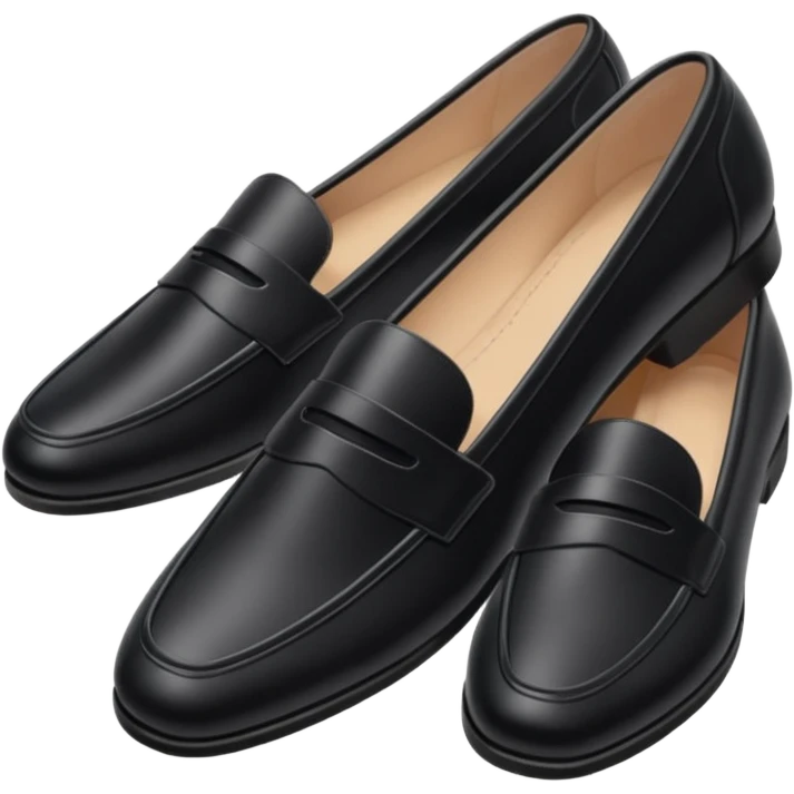 Aesthetic black loafers emoji, soft pastel minimal illustration, smooth shiny leather, delicate highlights, simple cute proportions, fashion sticker style, clean white background, soft shadow, minimal luxury vibe, high resolution, centered, emoji