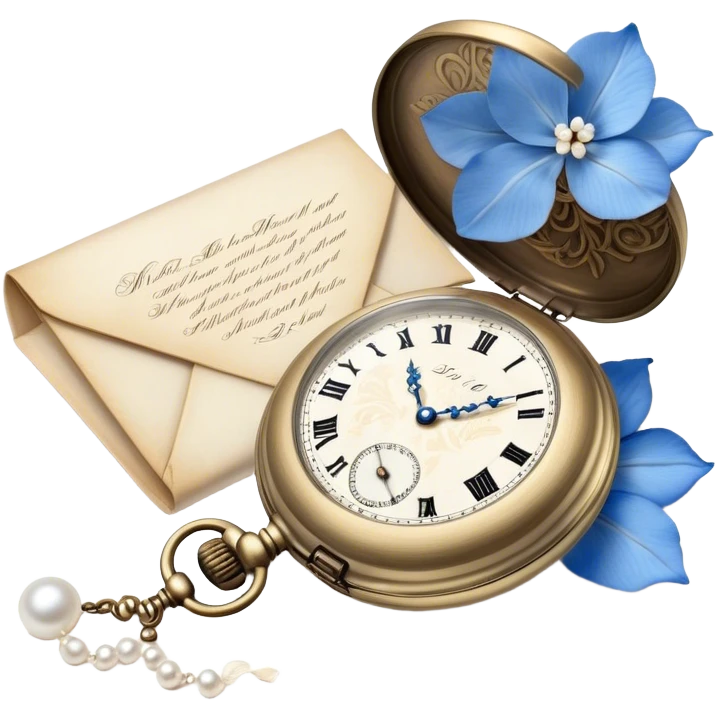 An elegant still life of a vintage pocket watch with an engraved case, lying next to a faded love letter sealed with a pearl wax stamp, surrounded by delicate white and blue floral petals.
 emoji